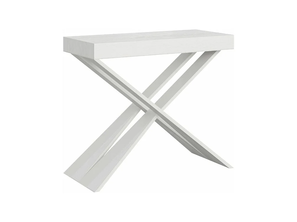 Console extensible design bois et pieds croisés acier blanc Diago 90x40-196 ou 90x40-300-Couleur Blanc-Support 2 pieds-5 rallonges fines