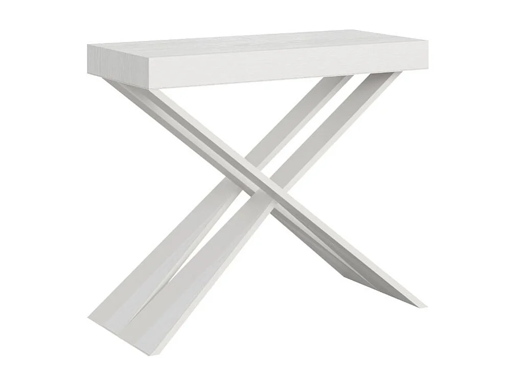 Console extensible design bois et pieds croisés acier blanc Diago 90x40-196 ou 90x40-300-Couleur Blanc-Support 2 pieds-5 rallonges fines