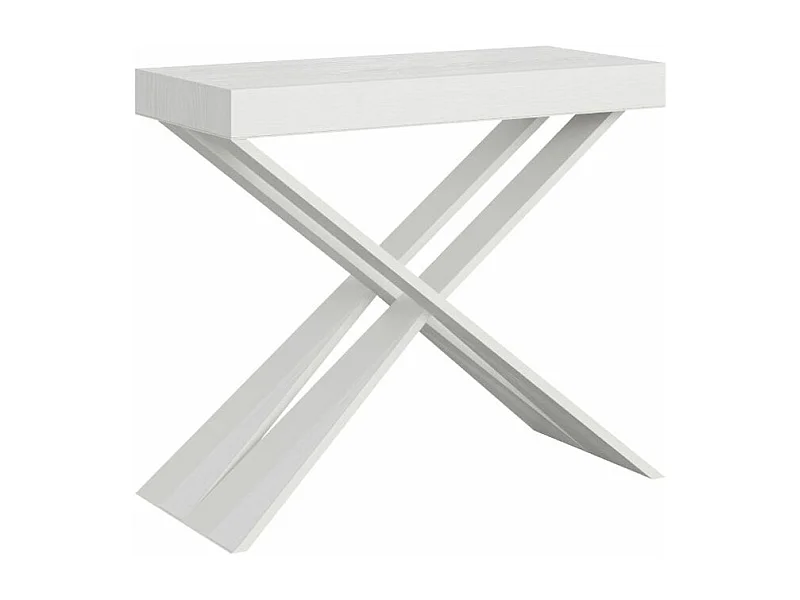 Console extensible design bois et pieds croisés acier blanc Diago 90x40-196 ou 90x40-300-Couleur Blanc-Support 2 pieds-5 rallonges fines