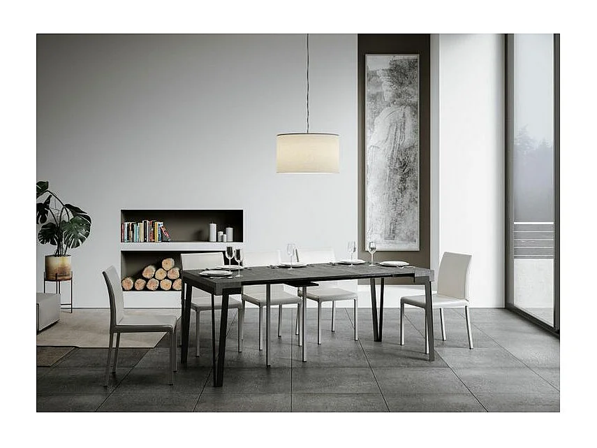 Console extensible design bois et acier anthracite Konta 90x40-196 ou 90x40-300-Couleur Gris ciment-Support 4 pieds-3 rallonges fines