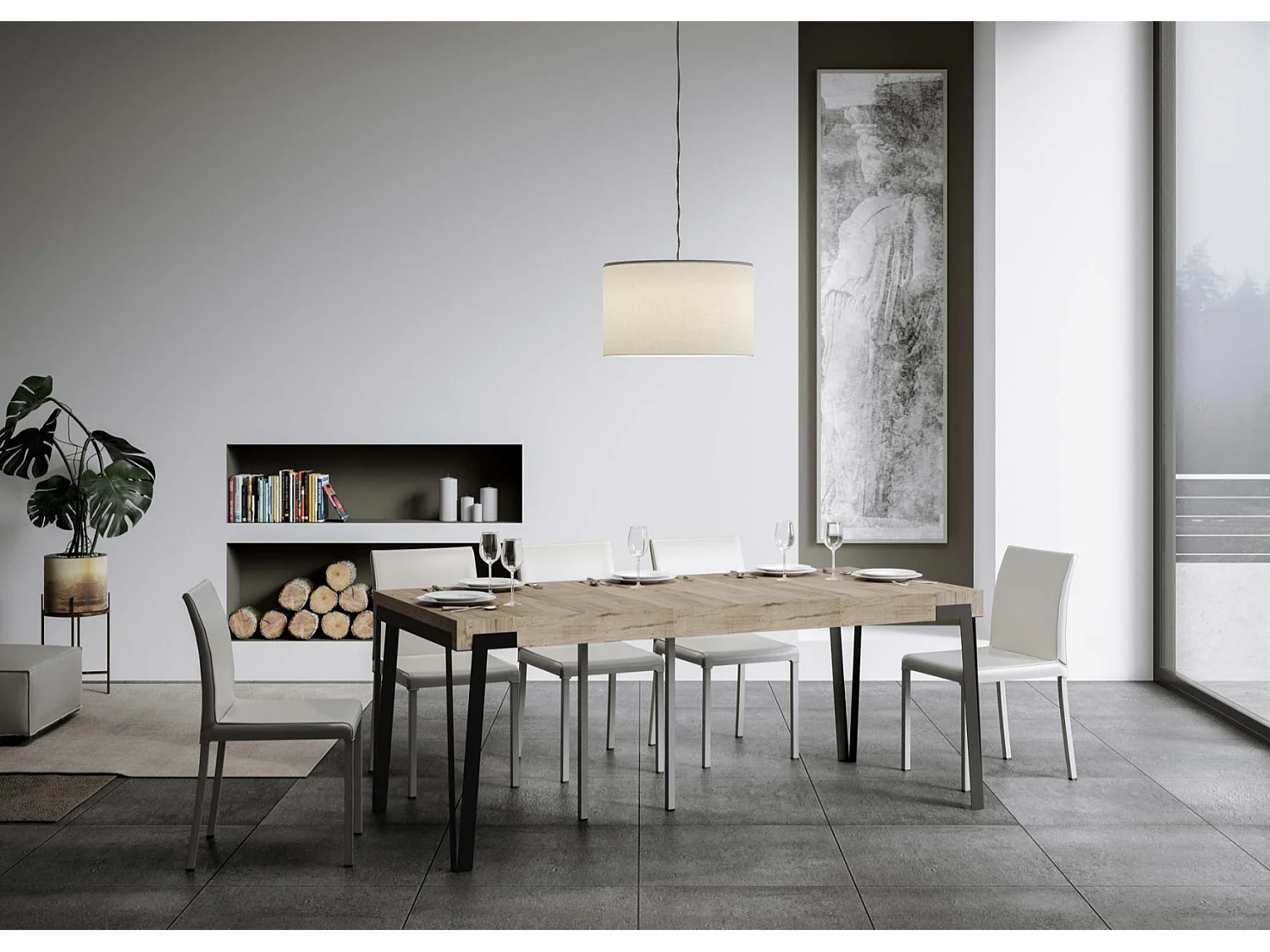 Console extensible design bois et acier anthracite Konta 90x40-196 ou 90x40-300-Couleur Gris ciment-Support 4 pieds-3 rallonges fines