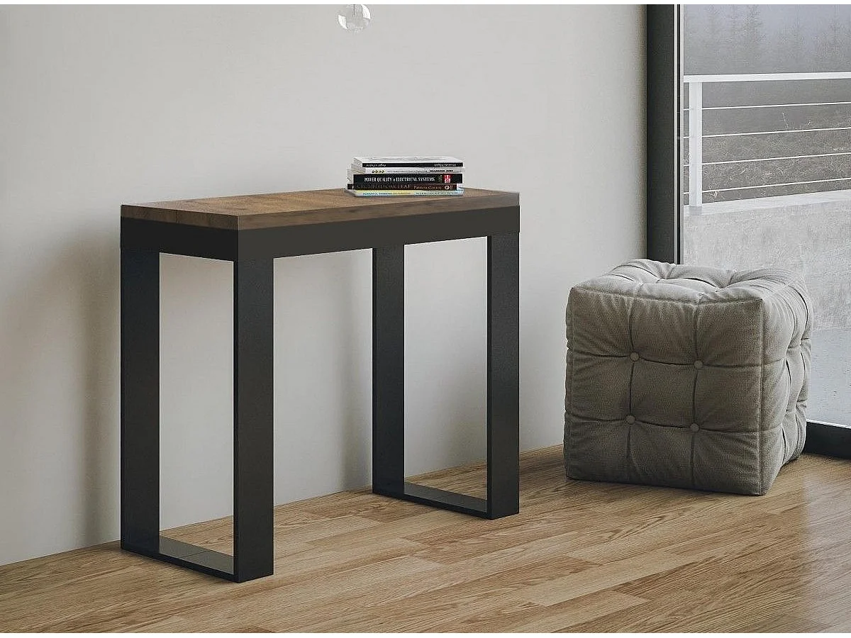 Tiko uitschuifbare houten en stalen console 90x40/196 of 90x40/300 cm-Kleur Bruin-Steun 4 voet-Verlengsnoeren 3 uitbreidingen