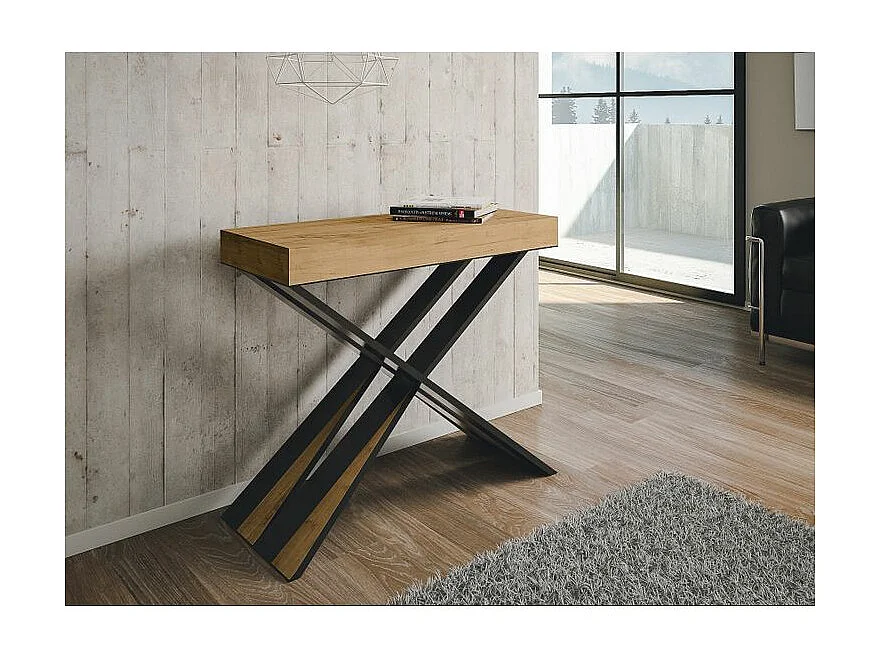 Console extensible design bois et pieds croisés acier anthracite Diago 90x40-196 ou 90x40-300-Couleur Naturel-Support 4 pieds-5 rallonges épaisses