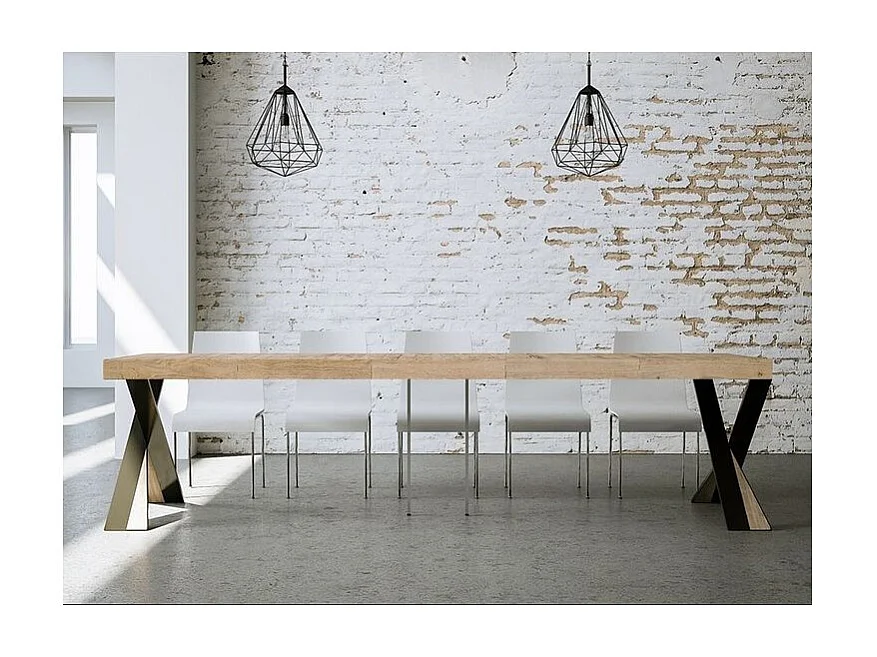 Consola extensible de diseño Diago en madera y patas cruzadas de acero antracita 90x40/196 o 90x40/300 cm-Color Natural-Soporte 4 pies-5 alargaderas gruesas