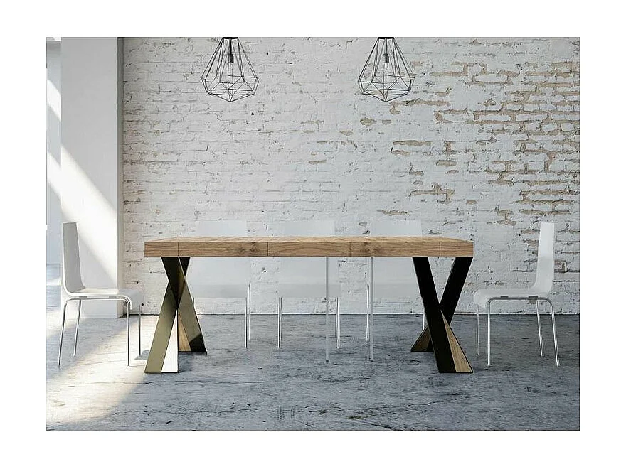 Consola extensible de diseño Diago en madera y patas cruzadas de acero antracita 90x40/196 o 90x40/300 cm-Color Natural-Soporte 4 pies-5 alargaderas gruesas