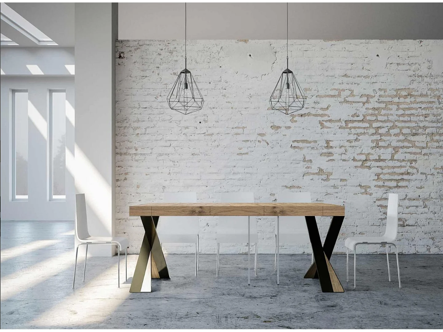 Consola extensible de diseño Diago en madera y patas cruzadas de acero antracita 90x40/196 o 90x40/300 cm-Color Natural-Soporte 4 pies-5 alargaderas gruesas