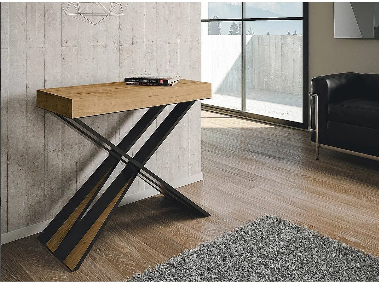 Consola extensible de diseño Diago en madera y patas cruzadas de acero antracita 90x40/196 o 90x40/300 cm-Color Natural-Soporte 4 pies-5 alargaderas gruesas