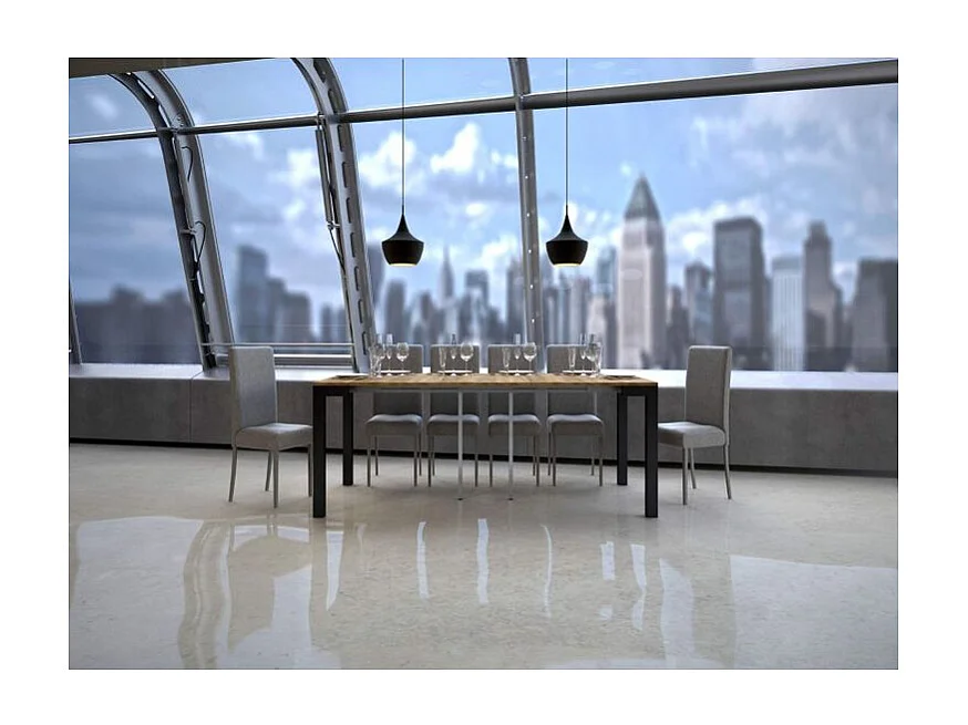 Console extensible bois et acier anthracite Monteros 90x40-196 ou 90x40-300-Couleur Naturel-Support 4 pieds-3 rallonges