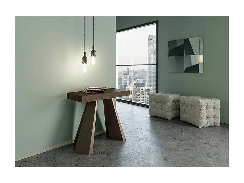 Console extensible design bois et acier marron Diva 90x40-196 ou 90x40-300-Couleur Marron-5 rallonges épaisses