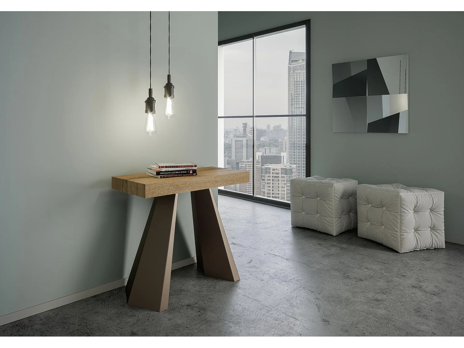 Console extensible design bois et acier marron Diva 90x40-196 ou 90x40-300-Couleur Marron-5 rallonges épaisses