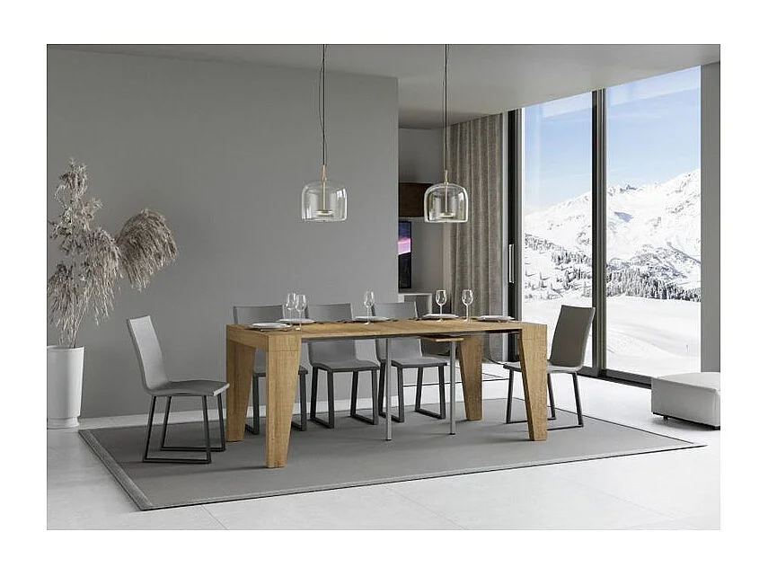 Console extensible en bois moderne 90x40-196 ou 90x40-300 Naxo-Couleur Naturel-Pied et support sur roulettes-5 rallonges