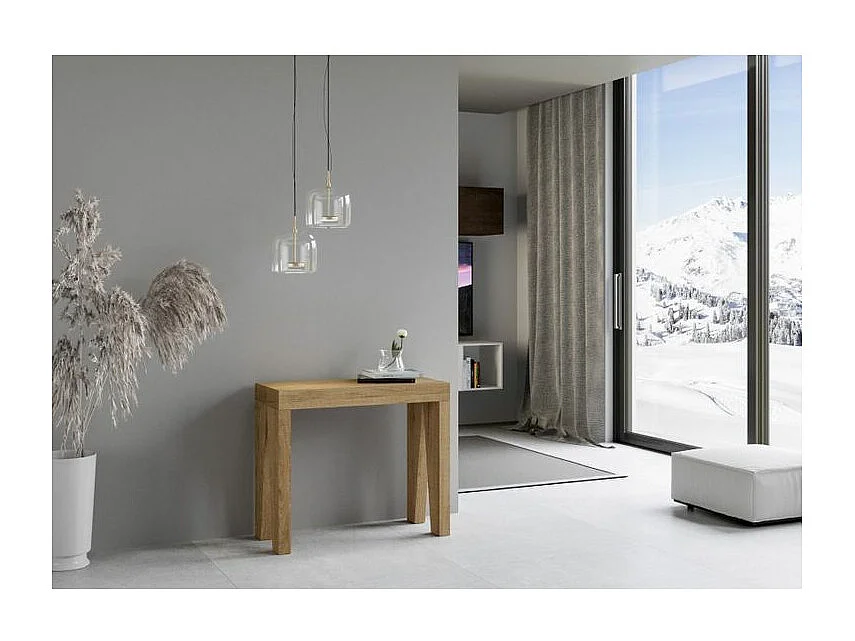 Console extensible en bois moderne 90x40-196 ou 90x40-300 Naxo-Couleur Naturel-Pied et support sur roulettes-5 rallonges