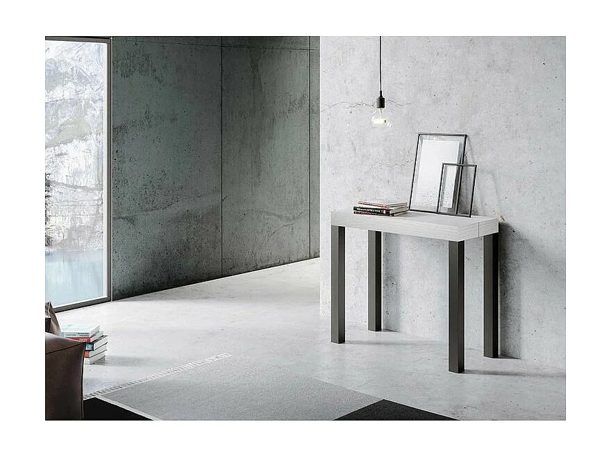 Console extensible bois et acier anthracite Elvira 90x40-196 ou 90x40-300-Couleur Blanc-Pied et support sur roulettes-3 rallonges