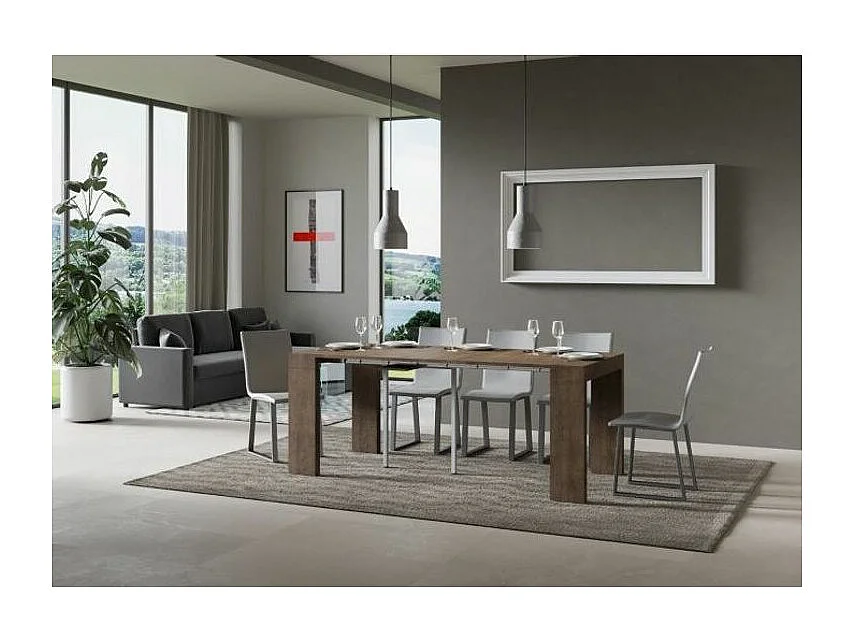 Console extensible en bois Ribo 90x40-196 ou 90x40-300-Couleur Marron-Support 4 pieds-3 rallonges