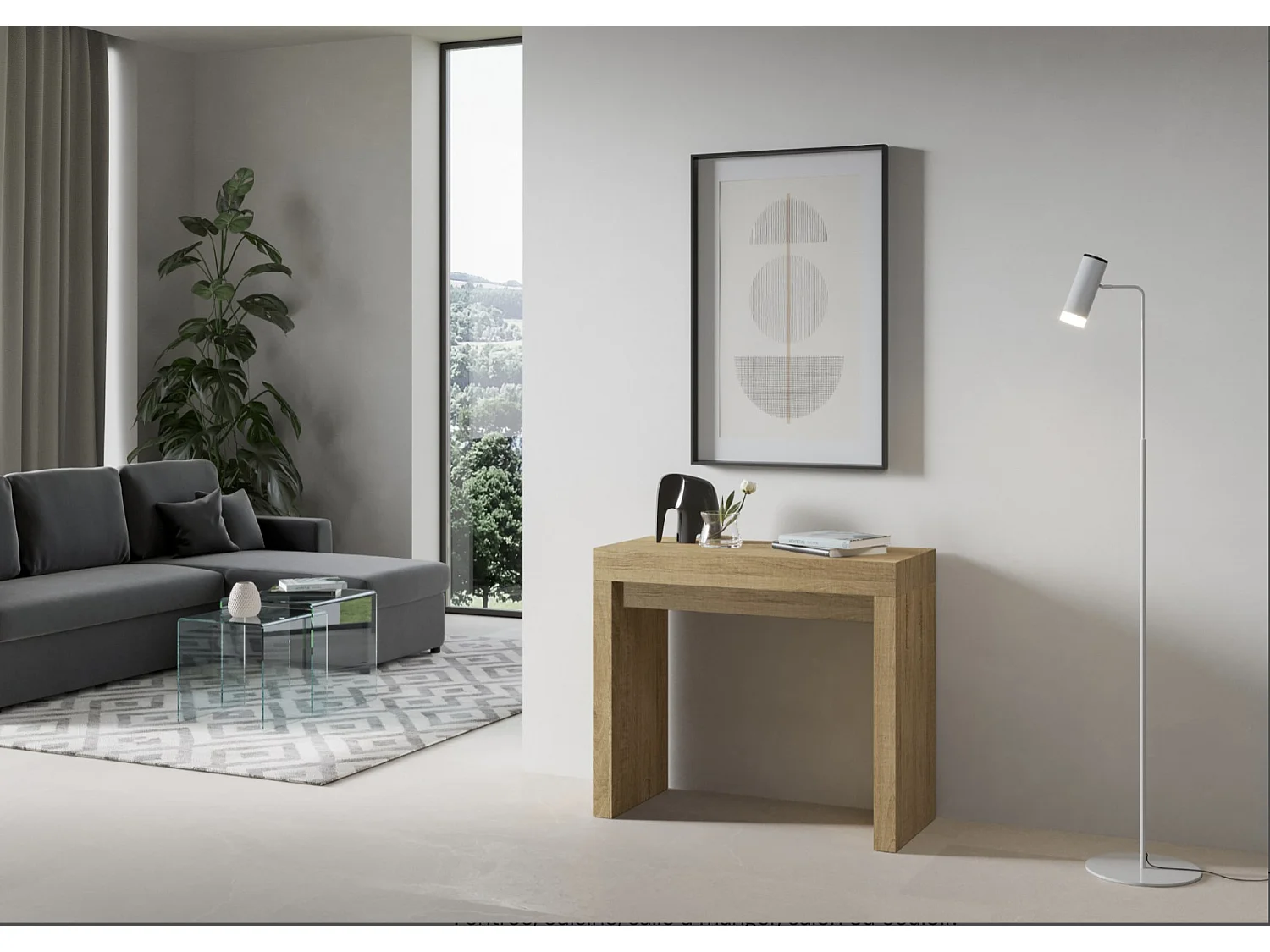 Console extensible en bois Ribo 90x40-196 ou 90x40-300-Couleur Marron-Support 4 pieds-3 rallonges