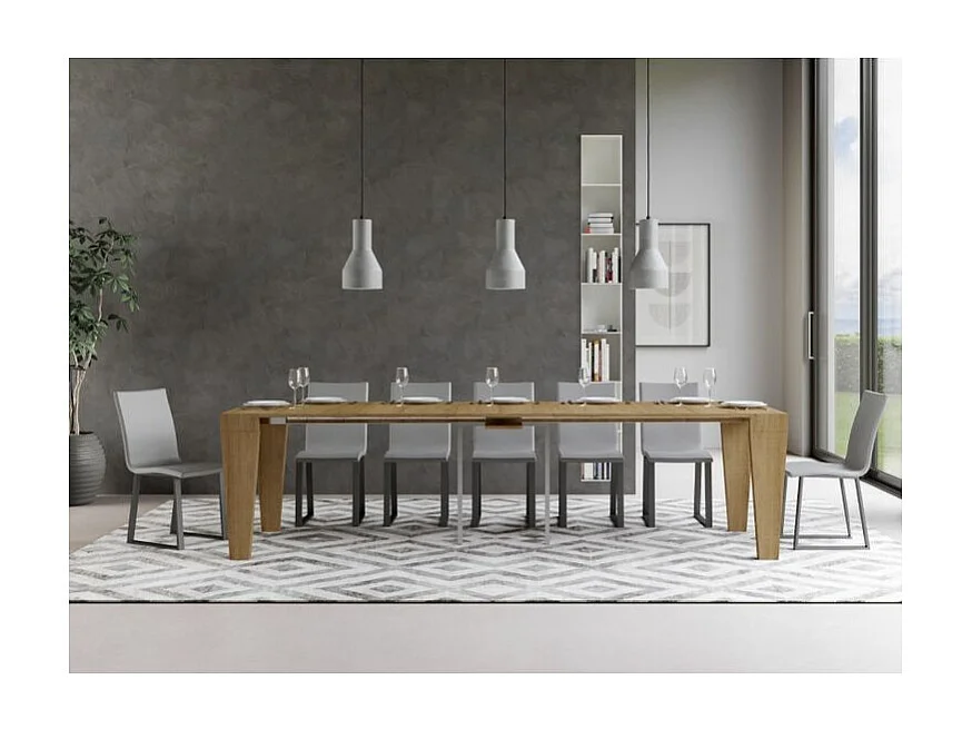 Console extensible en bois Sambo 90x40-196 ou 90x40-300-Couleur Naturel-Pied et support sur roulettes-5 rallonges