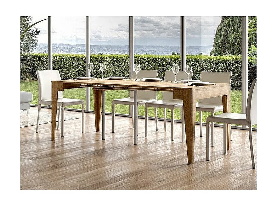Console extensible moderne en bois Kanda 90x42-198 ou 90x42-302-Couleur Naturel-Pied et support sur roulettes-5 rallonges