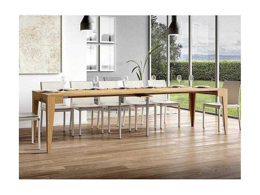 Console extensible moderne en bois Kanda 90x42-198 ou 90x42-302-Couleur Naturel-Pied et support sur roulettes-5 rallonges