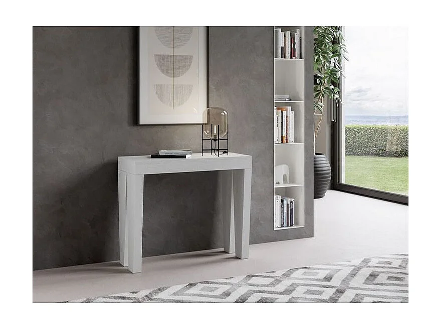 Sambo uitschuifbare houten console 90x40/196 of 90x40/300 cm-Kleur Wit-Voet en steun op zwenkwielen-Verlengsnoeren 5 uitbreidingen