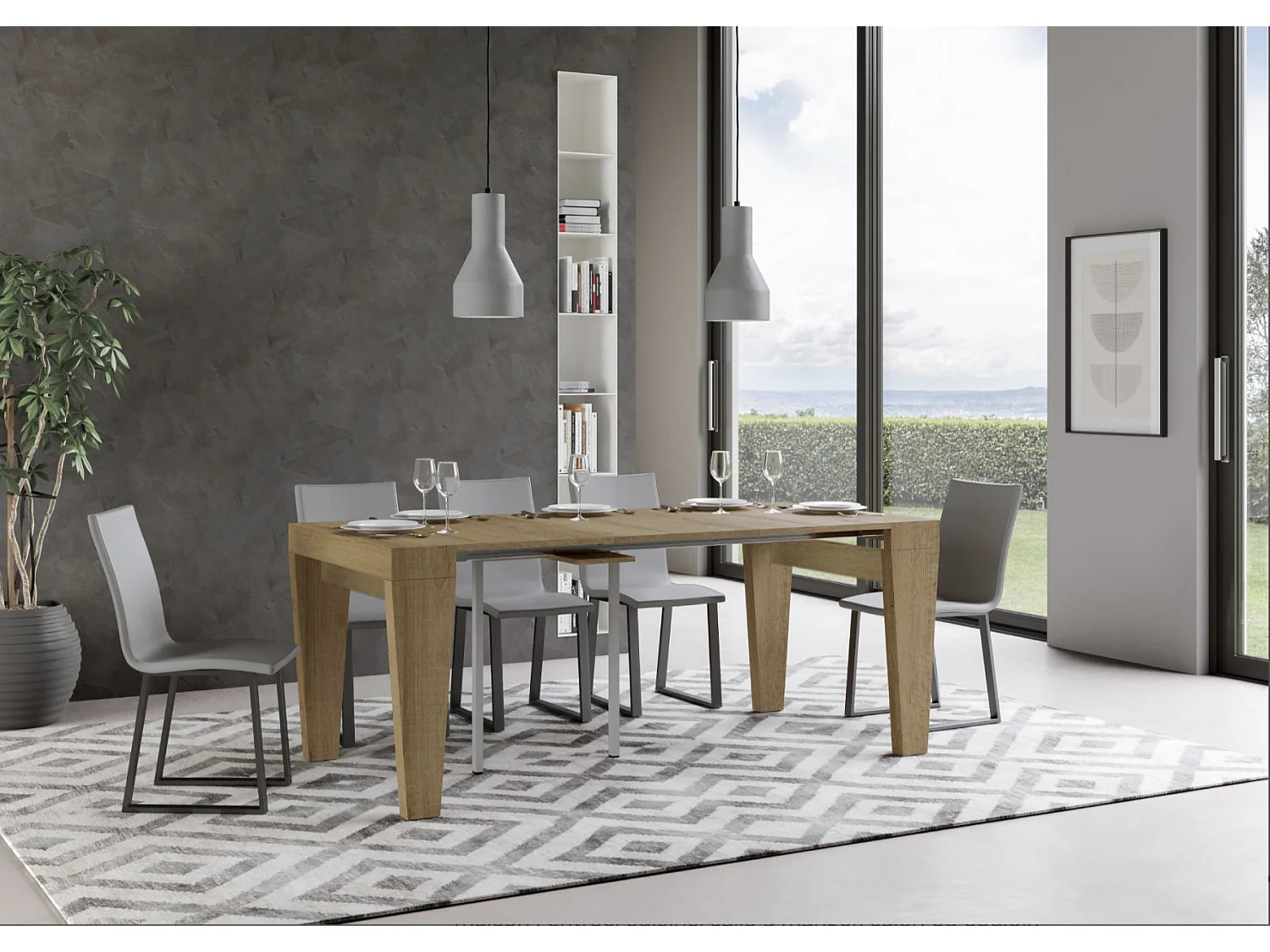 Sambo uitschuifbare houten console 90x40/196 of 90x40/300 cm-Kleur Wit-Voet en steun op zwenkwielen-Verlengsnoeren 5 uitbreidingen