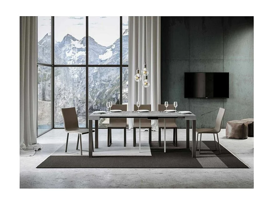 Console extensible bois et acier anthracite Elvira 90x40-196 ou 90x40-300-Couleur Gris ciment-Pied et support sur roulettes-3 rallonges