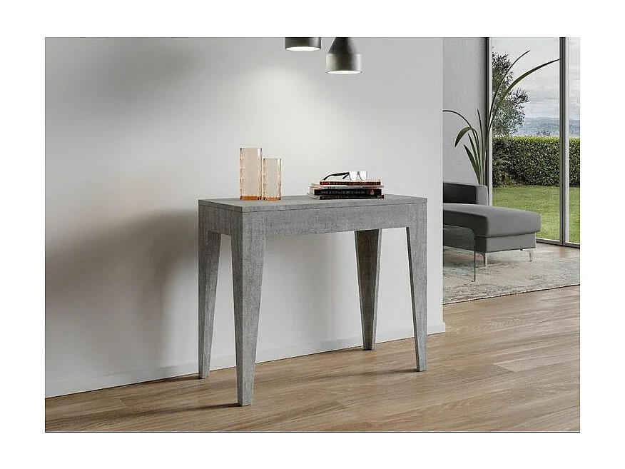 Consola Kanda moderna extensible de madera 90x42/198 o 90x42/302 cm-Color Gris cemento-Soporte 4 pies-Alargaderas 3 extensiones