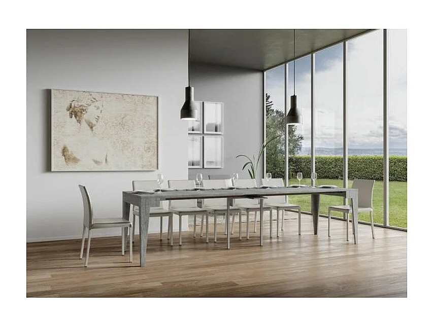 Console extensible moderne en bois Kanda 90x42-198 ou 90x42-302-Couleur Gris ciment-Support 4 pieds-3 rallonges