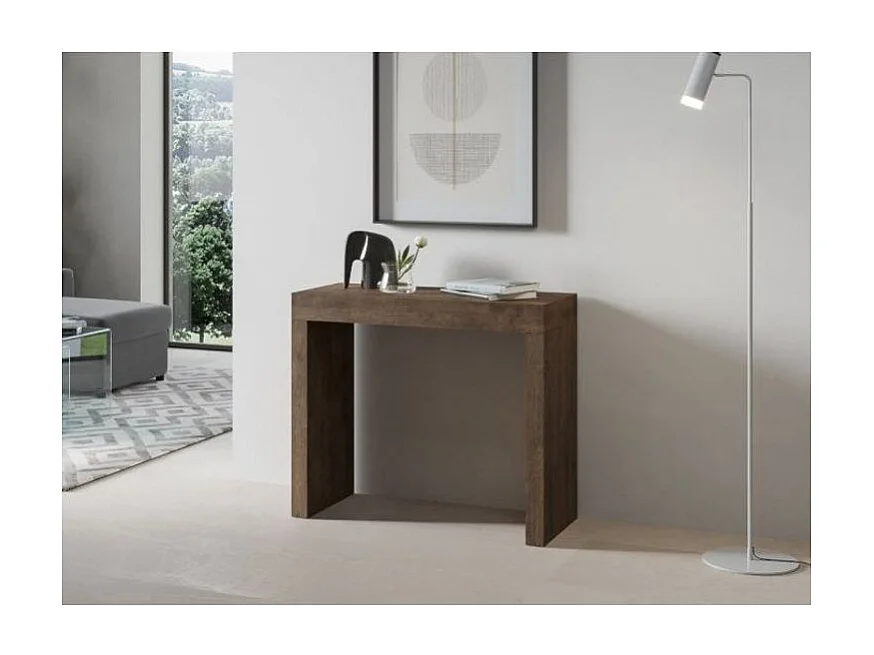 Console extensible en bois Ribo 90x40-196 ou 90x40-300-Couleur Marron-Pied et support sur roulettes-3 rallonges