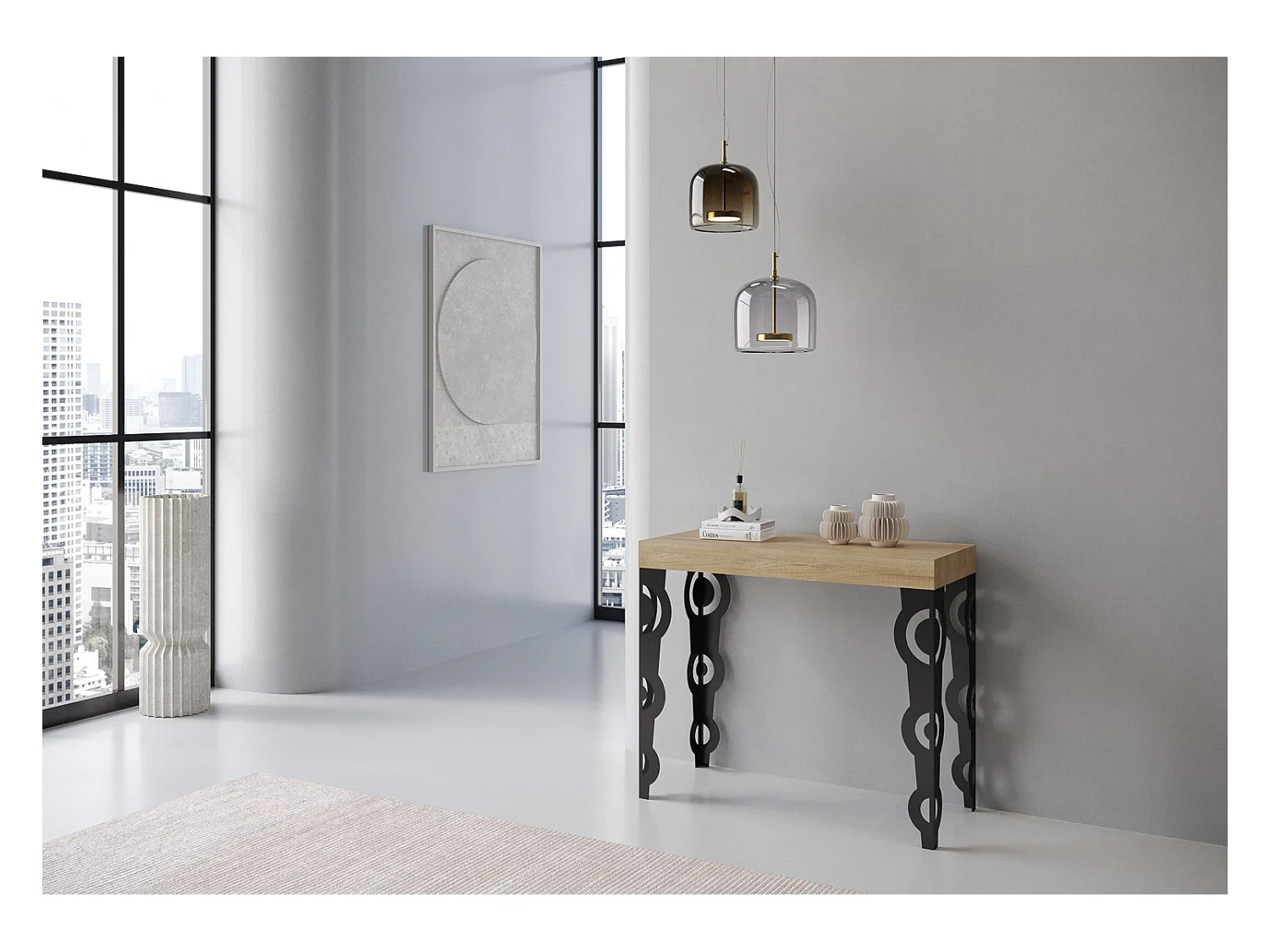 Console extensible style orientale Kazay 90x40-196 ou 90x40-300-Couleur Gris ciment-Support 2 pieds-3 rallonges fines