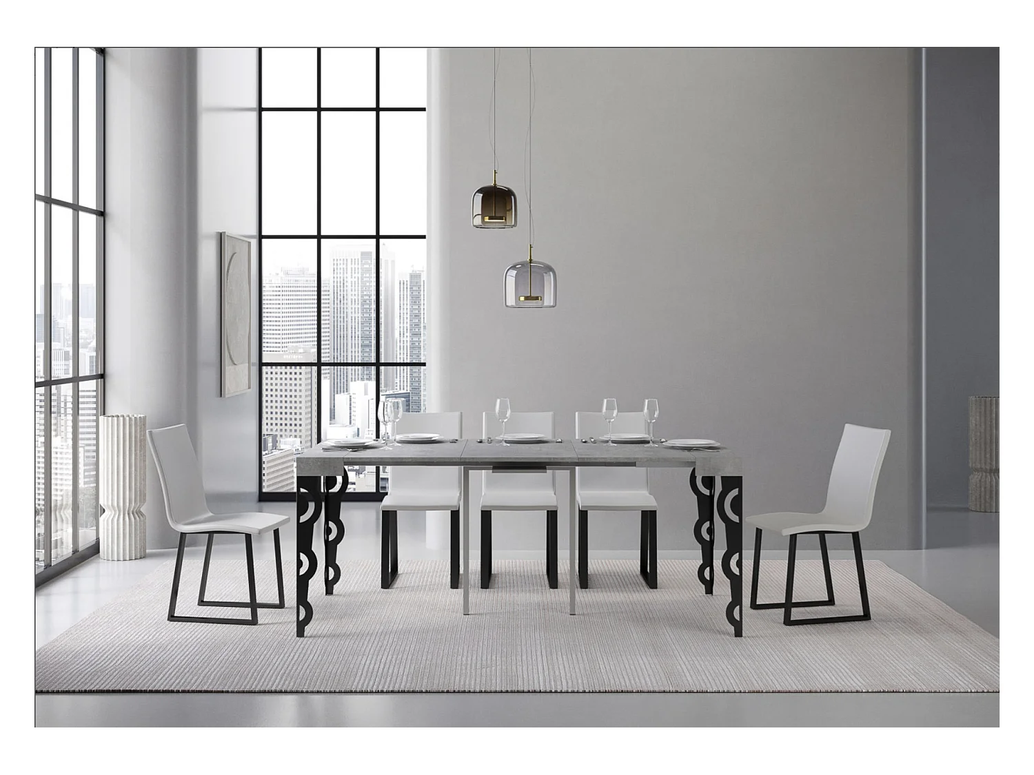 Consola extensible estilo oriental Kazay 90x40/196 o 90x40/300 cm-Color Gris cemento-Soporte 2 pies-3 alargaderas finas