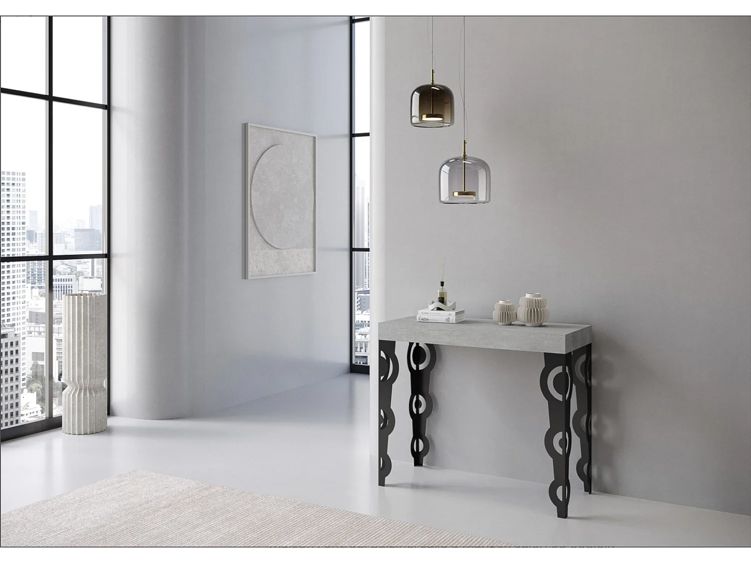 Kazay uitschuifbare console in oosterse stijl 90x40/196 of 90x40/300 cm-Kleur Cementgrijs-Steun 2 voet-Verlengsnoeren 3 dunne verlengingen