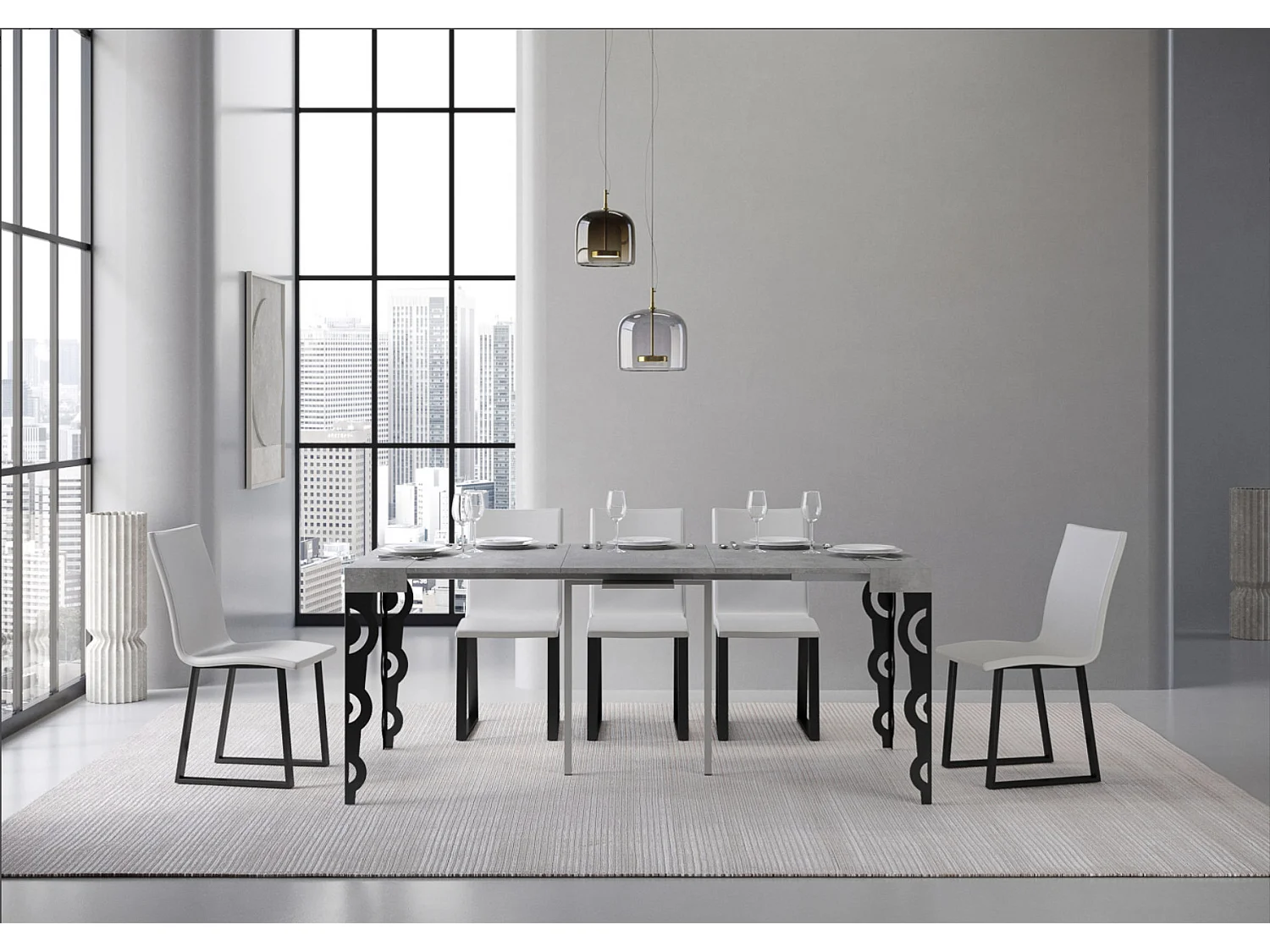 Kazay uitschuifbare console in oosterse stijl 90x40/196 of 90x40/300 cm-Kleur Cementgrijs-Steun 2 voet-Verlengsnoeren 3 dunne verlengingen