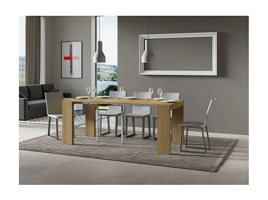 Console extensible en bois Ribo 90x40-196 ou 90x40-300-Couleur Naturel-Pied et support sur roulettes-5 rallonges