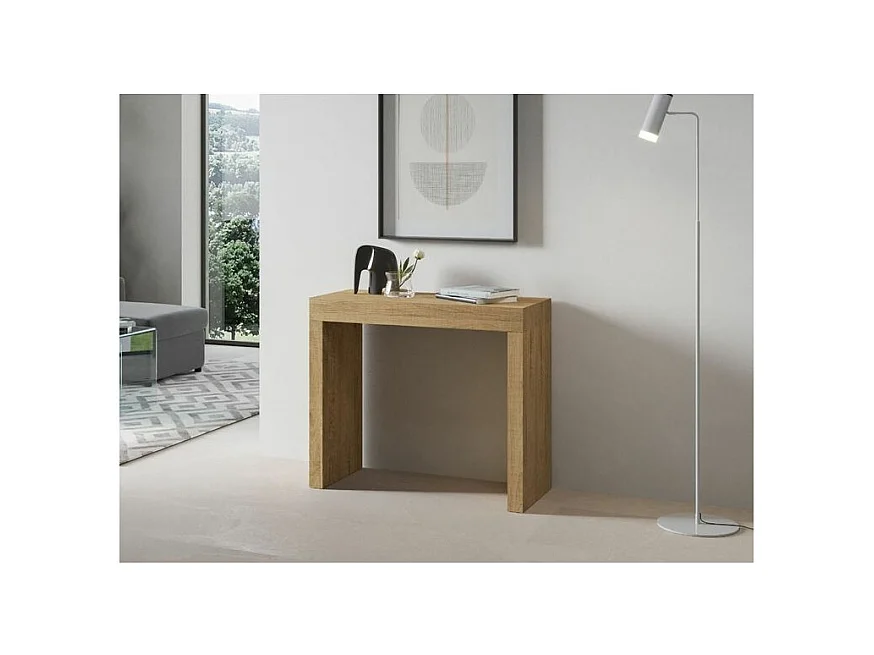 Consola extensible de madera Ribo 90x40/196 o 90x40/300 cm-Color Natural-Base y soporte con ruedas-Alargaderas 5 extensiones