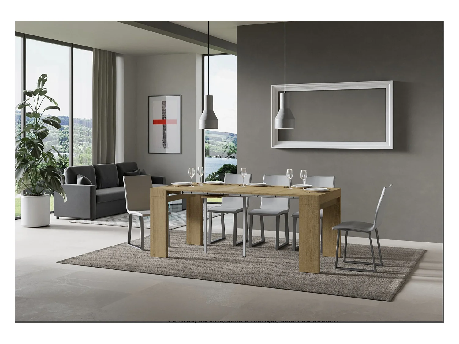 Consola extensible de madera Ribo 90x40/196 o 90x40/300 cm-Color Natural-Base y soporte con ruedas-Alargaderas 5 extensiones