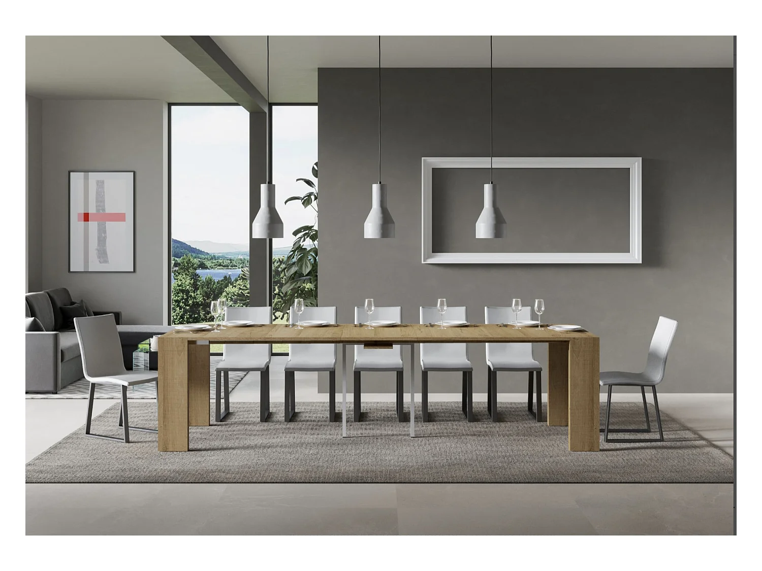 Consola extensible de madera Ribo 90x40/196 o 90x40/300 cm-Color Natural-Base y soporte con ruedas-Alargaderas 5 extensiones