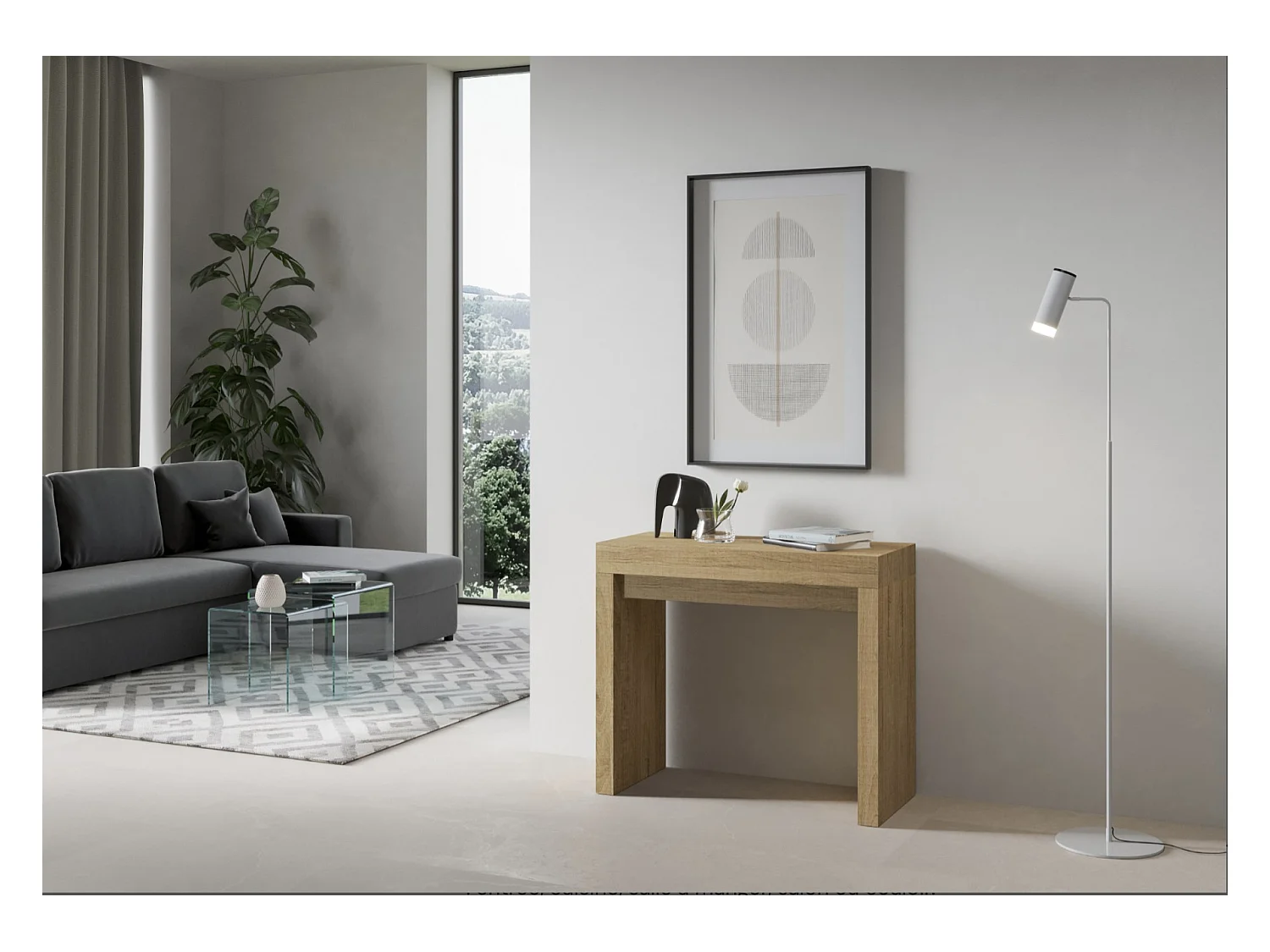 Consola extensible de madera Ribo 90x40/196 o 90x40/300 cm-Color Natural-Base y soporte con ruedas-Alargaderas 5 extensiones
