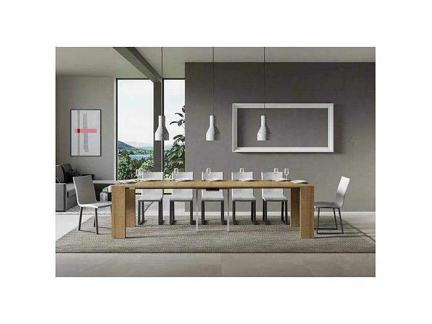 Consola extensible de madera Ribo 90x40/196 o 90x40/300 cm-Color Natural-Base y soporte con ruedas-Alargaderas 5 extensiones