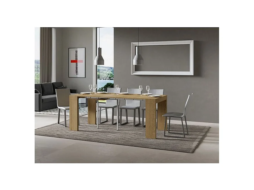 Consola extensible de madera Ribo 90x40/196 o 90x40/300 cm-Color Natural-Base y soporte con ruedas-Alargaderas 5 extensiones