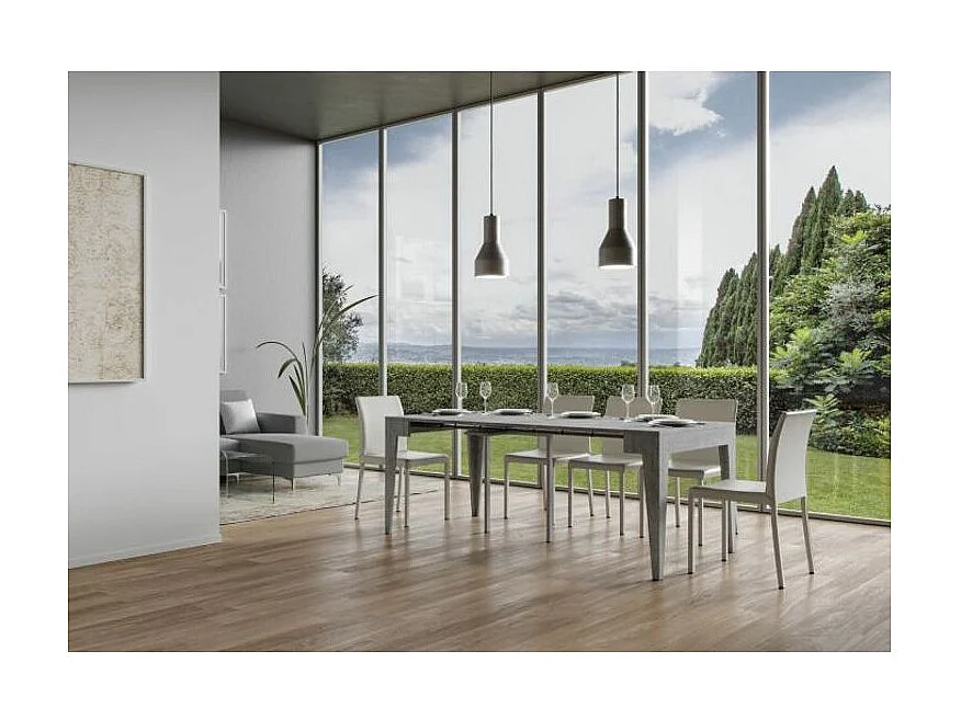 Kanda moderne uitschuifbare houten console 90x42/198 of 90x42/302 cm-Kleur Cementgrijs-Voet en steun op zwenkwielen-Verlengsnoeren 3 uitbreidingen