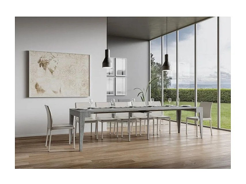 Kanda moderne uitschuifbare houten console 90x42/198 of 90x42/302 cm-Kleur Cementgrijs-Voet en steun op zwenkwielen-Verlengsnoeren 3 uitbreidingen