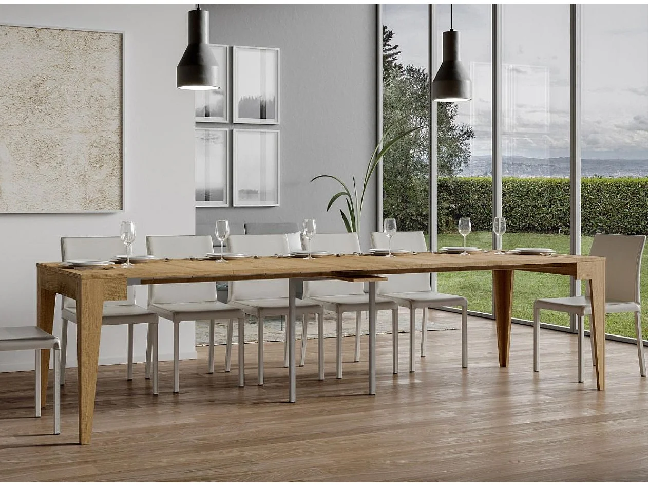 Kanda moderne uitschuifbare houten console 90x42/198 of 90x42/302 cm-Kleur Cementgrijs-Voet en steun op zwenkwielen-Verlengsnoeren 3 uitbreidingen