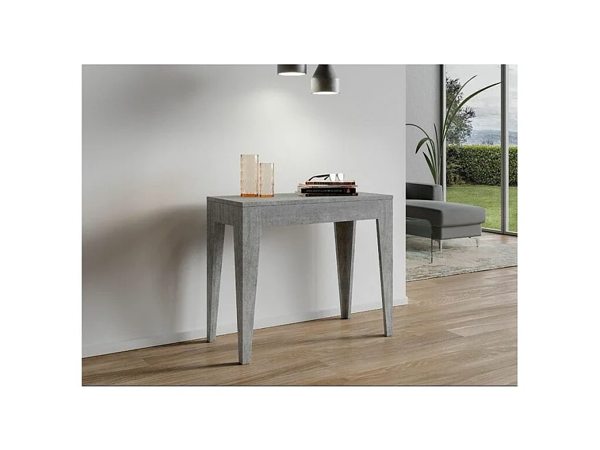 Console extensible moderne en bois Kanda 90x42-198 ou 90x42-302-Couleur Gris ciment-Pied et support sur roulettes-3 rallonges
