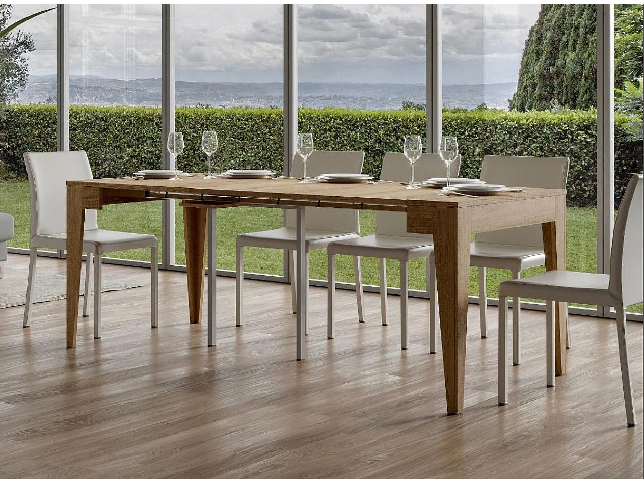 Kanda moderne uitschuifbare houten console 90x42/198 of 90x42/302 cm-Kleur Cementgrijs-Voet en steun op zwenkwielen-Verlengsnoeren 3 uitbreidingen