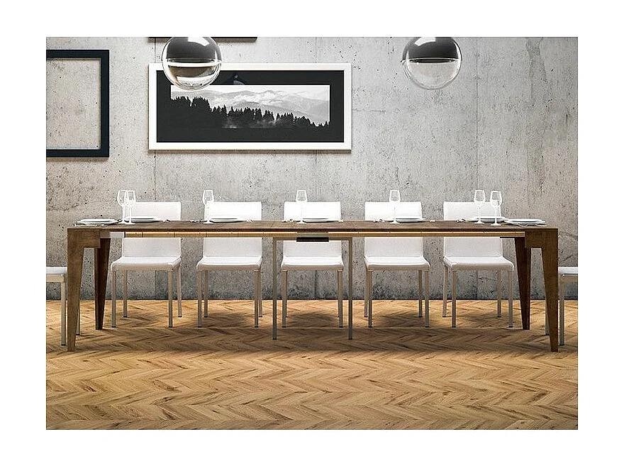 Console extensible moderne en bois Kanda 90x42-198 ou 90x42-302-Couleur Marron-Support 4 pieds-5 rallonges