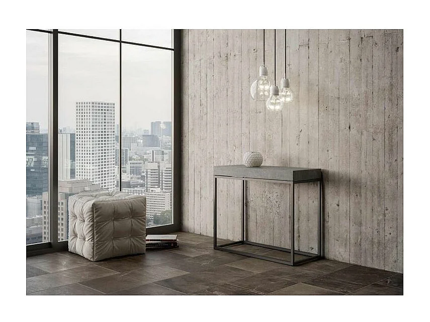 Console extensible bois et acier 90x40-196 ou 90x40-300 Noro-Couleur Gris ciment-3 rallonges épaisses