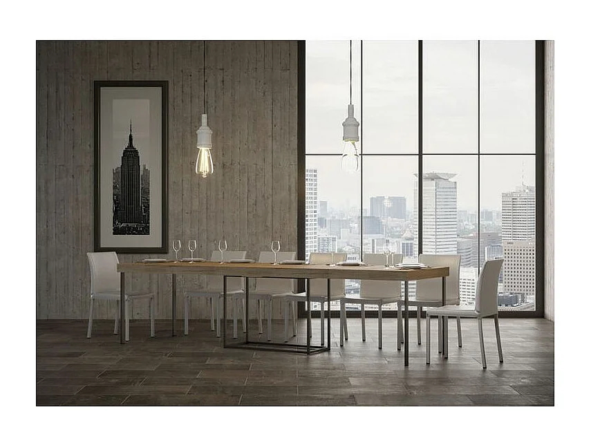 Console extensible bois et acier 90x40-196 ou 90x40-300 Noro-Couleur Gris ciment-3 rallonges épaisses