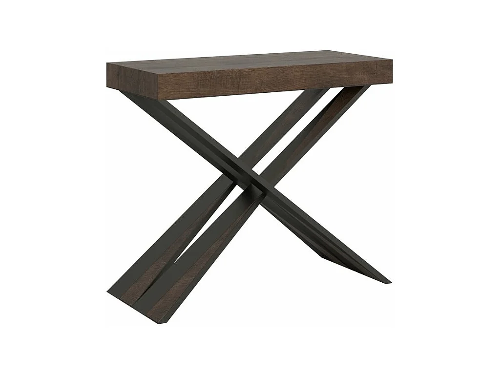 Console extensible design bois et pieds croisés acier anthracite Diago 90x40-196 ou 90x40-300-Couleur Marron-Support 4 pieds-5 rallonges épaisses