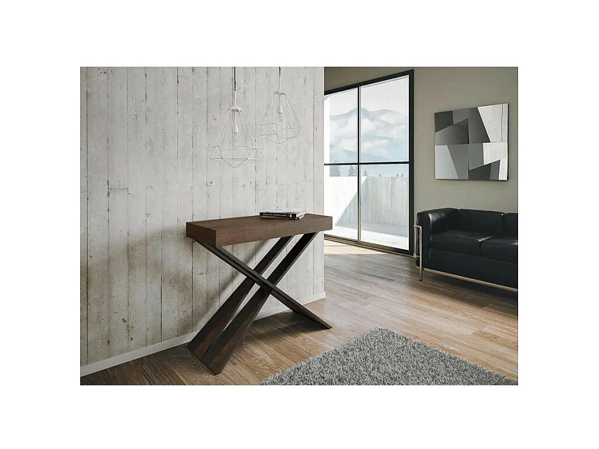 Console extensible design bois et pieds croisés acier anthracite Diago 90x40-196 ou 90x40-300-Couleur Marron-Support 4 pieds-5 rallonges épaisses