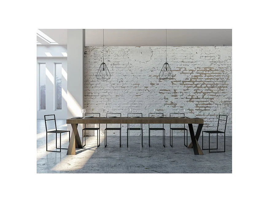 Console extensible design bois et pieds croisés acier anthracite Diago 90x40-196 ou 90x40-300-Couleur Marron-Support 4 pieds-5 rallonges épaisses